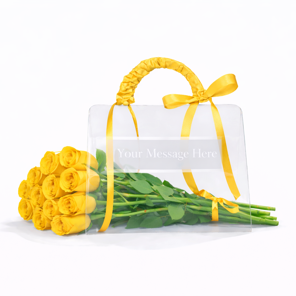 Bouquet of yellow roses with a clear bag and yellow ribbon on a white background