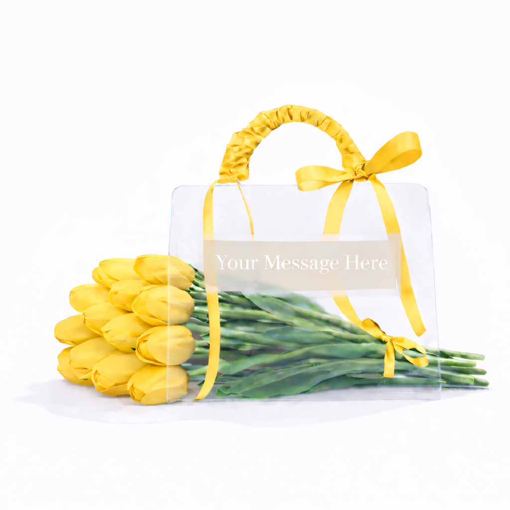 Yellow tulips with a headband and 'Your Message Here' card on a white background