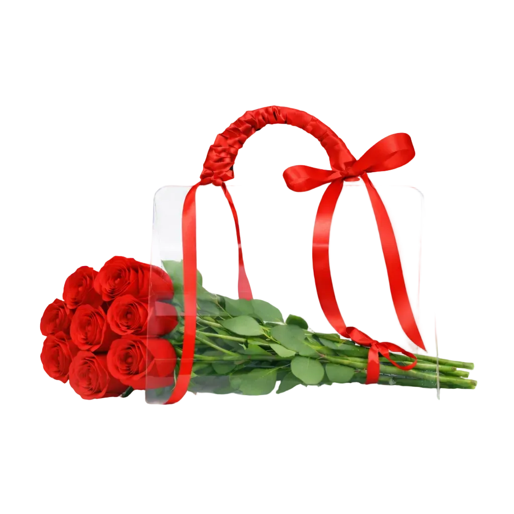 Bouquet of red roses with a transparent gift box tied with a red ribbon on a white background