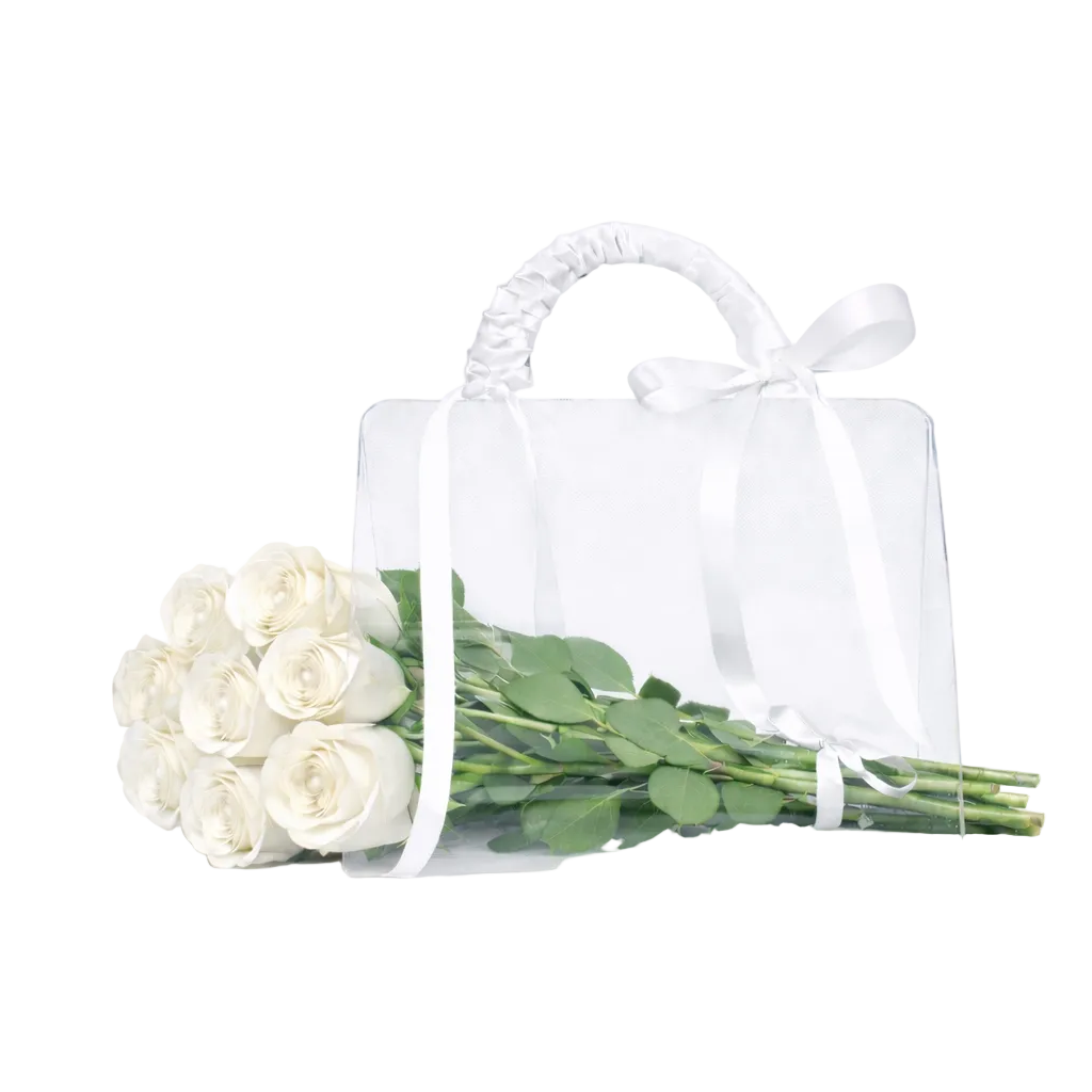 Bouquet of white roses in a clear plastic bag on a white background