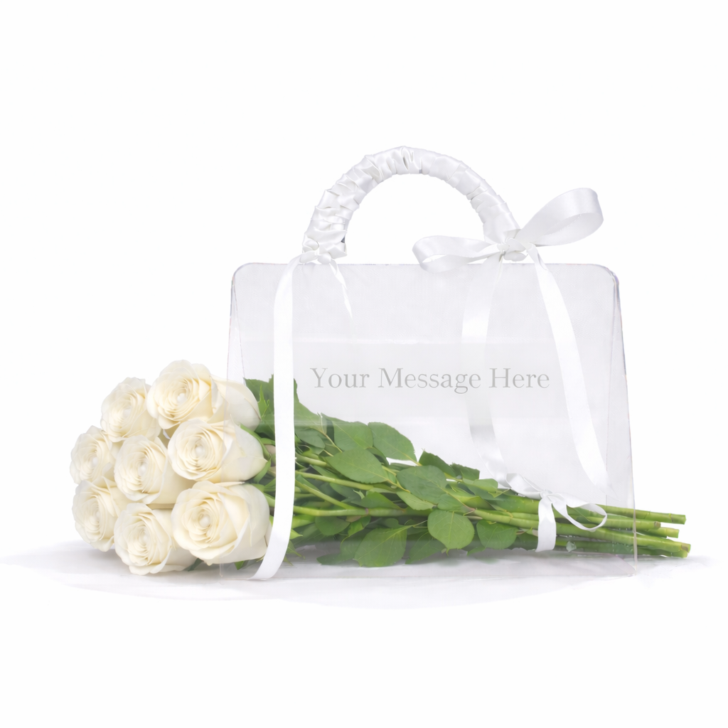 Bouquet of white roses in a clear plastic bag with 'Your Message Here' text on a white background