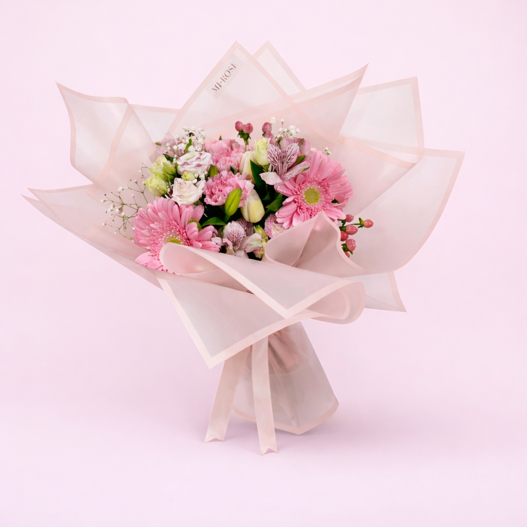 Bouquet of pink flowers wrapped in light pink paper on a light pink background