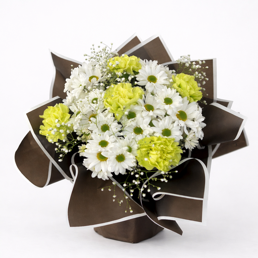 Bouquet of white and green flowers in a decorative brown paper wrap on a white background