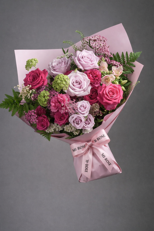 Bouquet of pink and white roses with a pink ribbon on a gray background