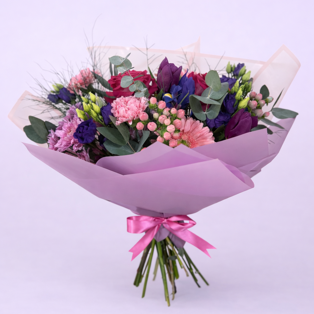 Bouquet of flowers wrapped in purple paper with a pink bow on a light purple background
