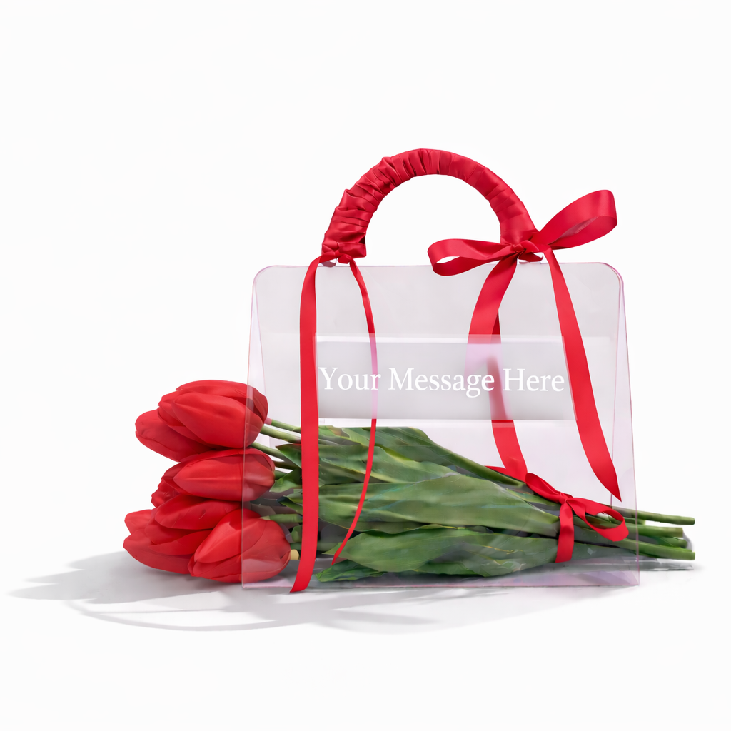 Bouquet of red roses with a clear gift bag and red ribbon on a white background