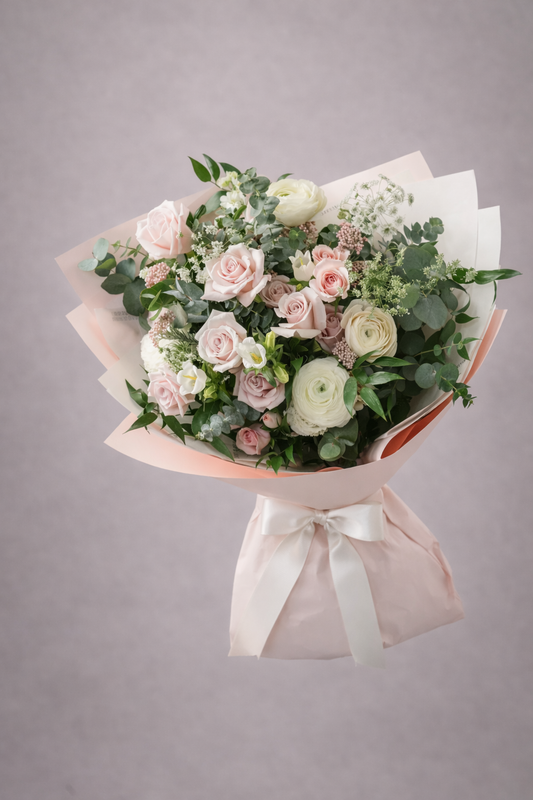 Bouquet of flowers wrapped in paper with a ribbon on a gray background